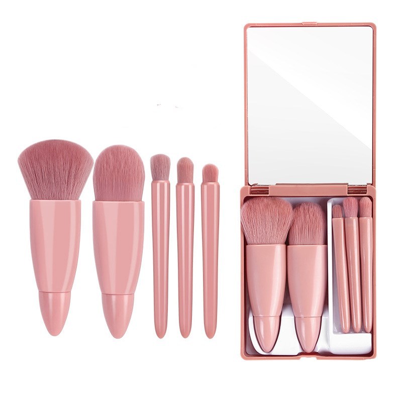 5-Piece Professional Makeup Brush Set with Mirror - Complete Face & Eye Brushes | Travel Case