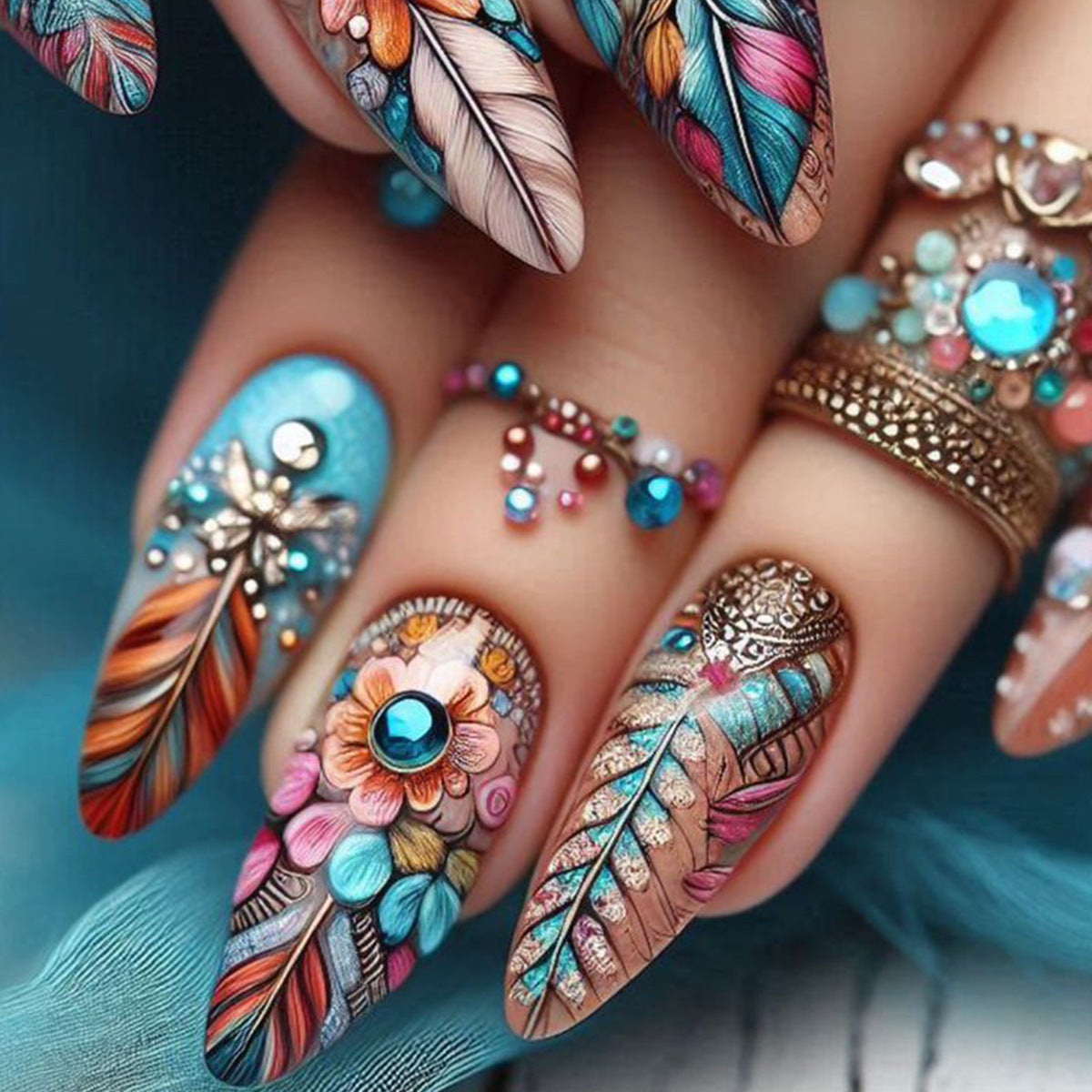 Retro Feather Press On Nails - Colorful Butterfly Design with Glue