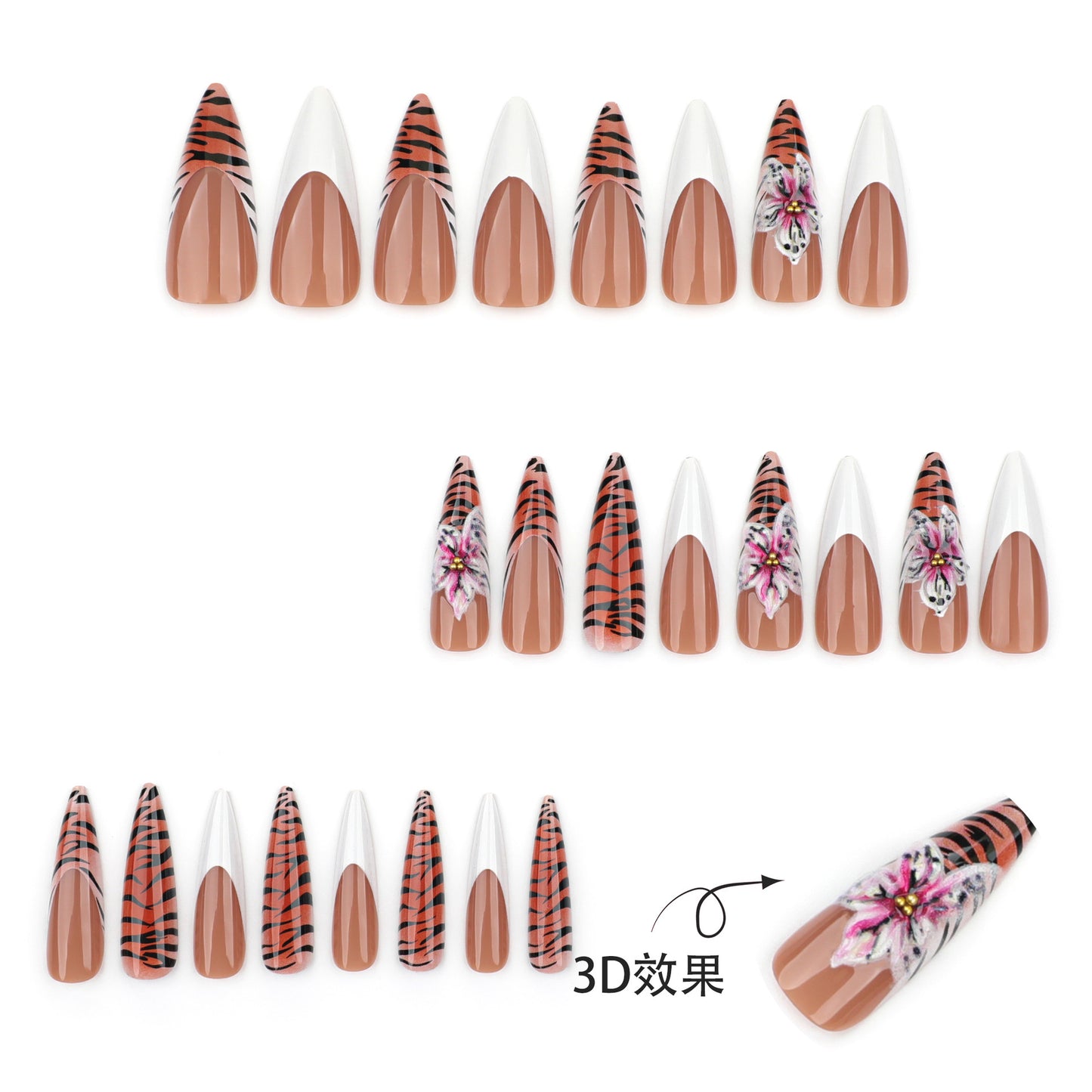 French White Press-On Nails with Leopard Print & 3D Flowers - Elegant Wearable Nail Tips