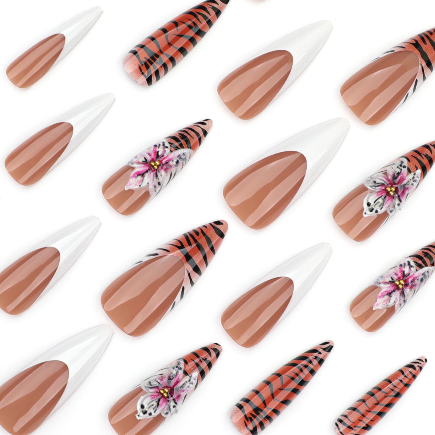 French White Press-On Nails with Leopard Print & 3D Flowers - Elegant Wearable Nail Tips