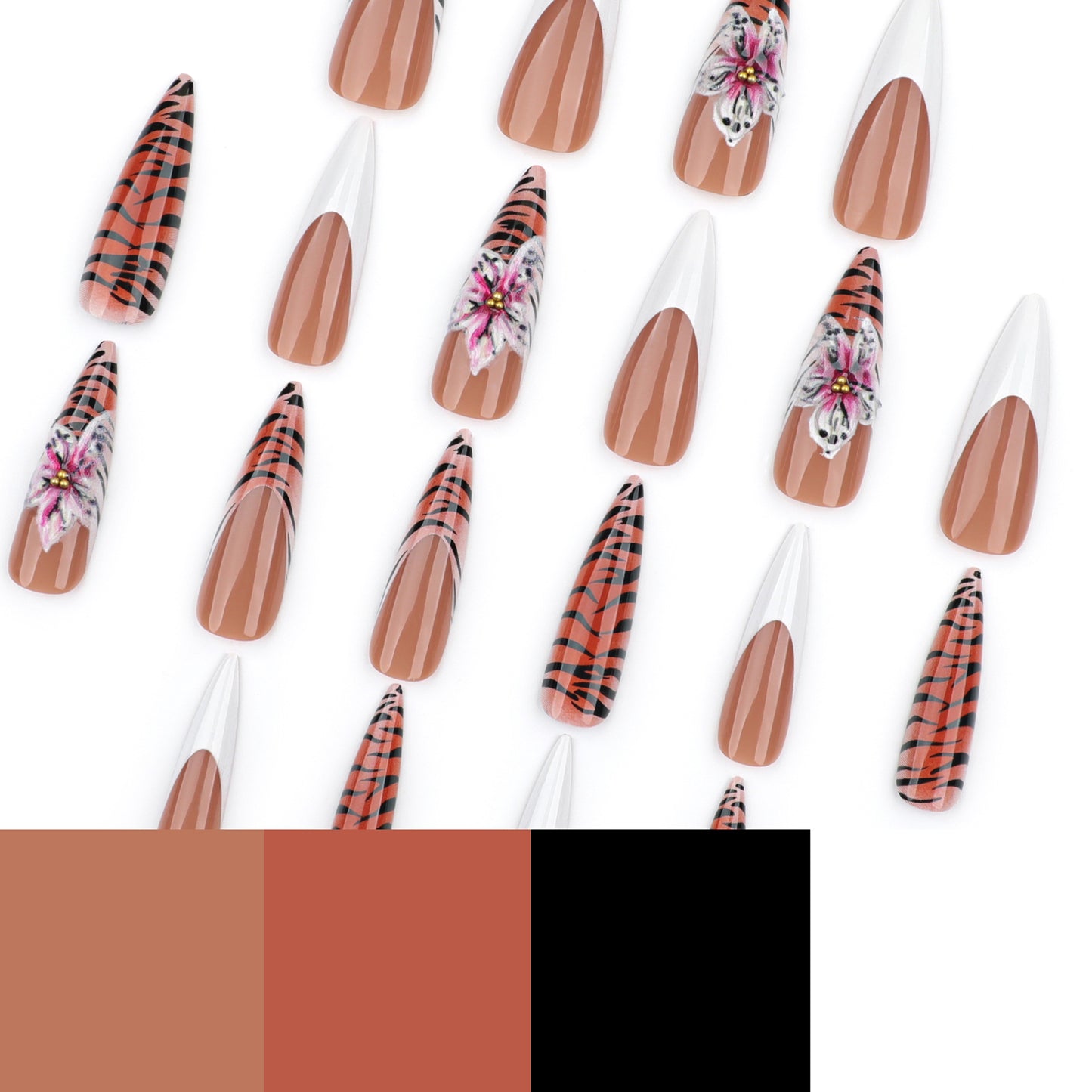 French White Press-On Nails with Leopard Print & 3D Flowers - Elegant Wearable Nail Tips