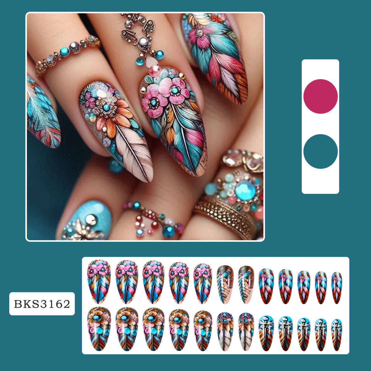 Retro Feather Press On Nails - Colorful Butterfly Design with Glue