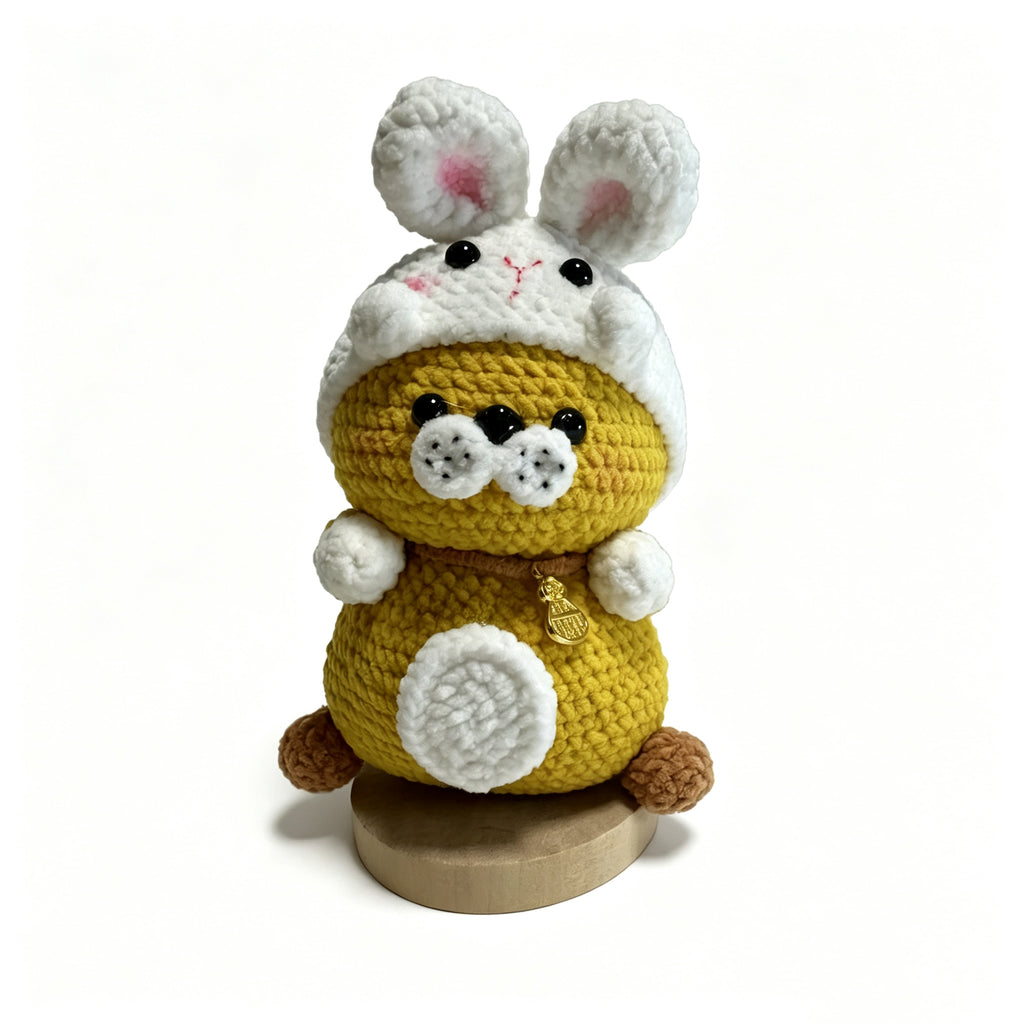 Handmade Crochet Hamster Plush – Bunny Hoodie & Gold Charm | 12cm Amigurumi