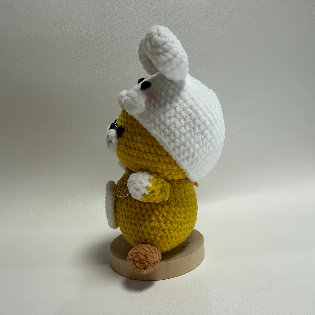 Handmade Crochet Hamster Plush – Bunny Hoodie & Gold Charm | 12cm Amigurumi