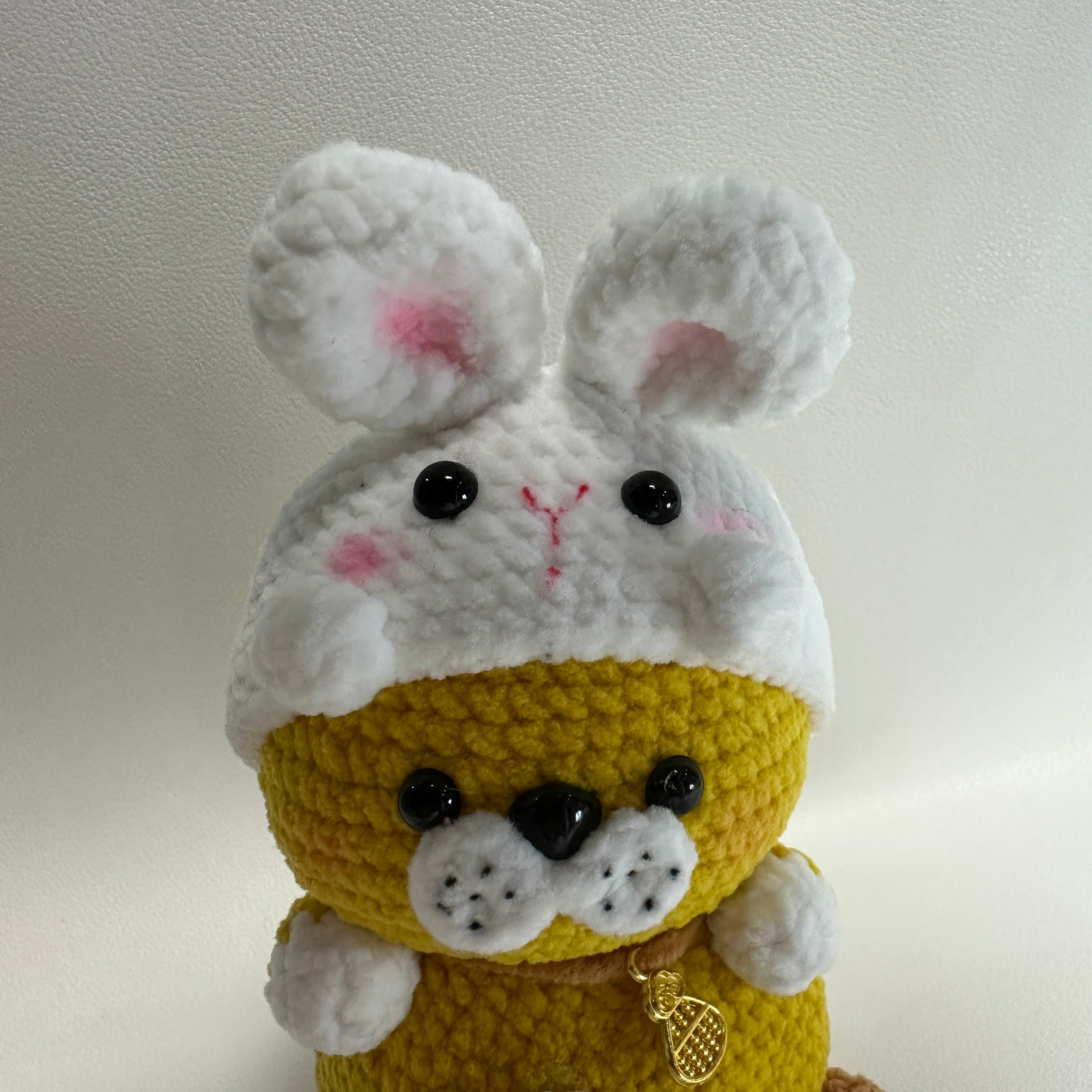 Handmade Crochet Hamster Plush – Bunny Hoodie & Gold Charm | 12cm Amigurumi