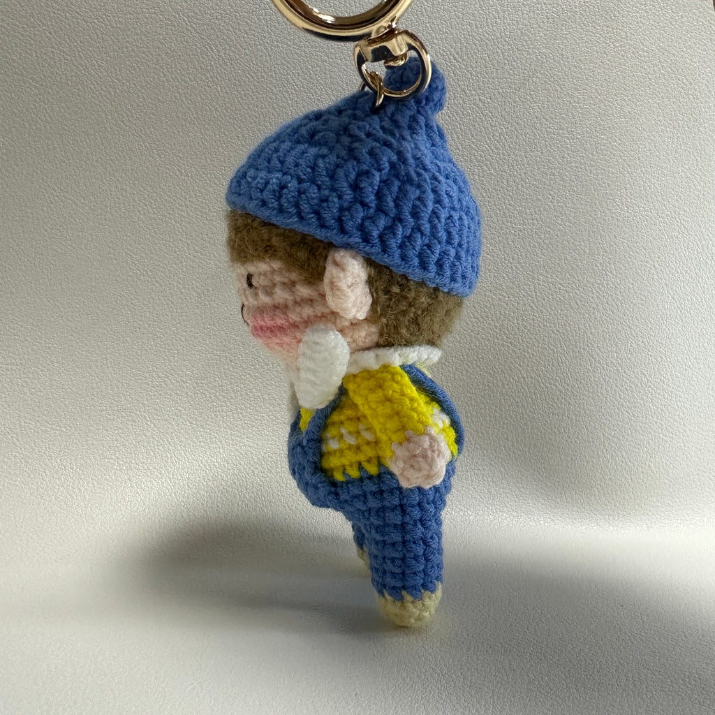 Handmade Crochet Boy Keychain – Blue Cap, Yellow Sweater & Denim Overalls | 10cm Amigurumi Charm