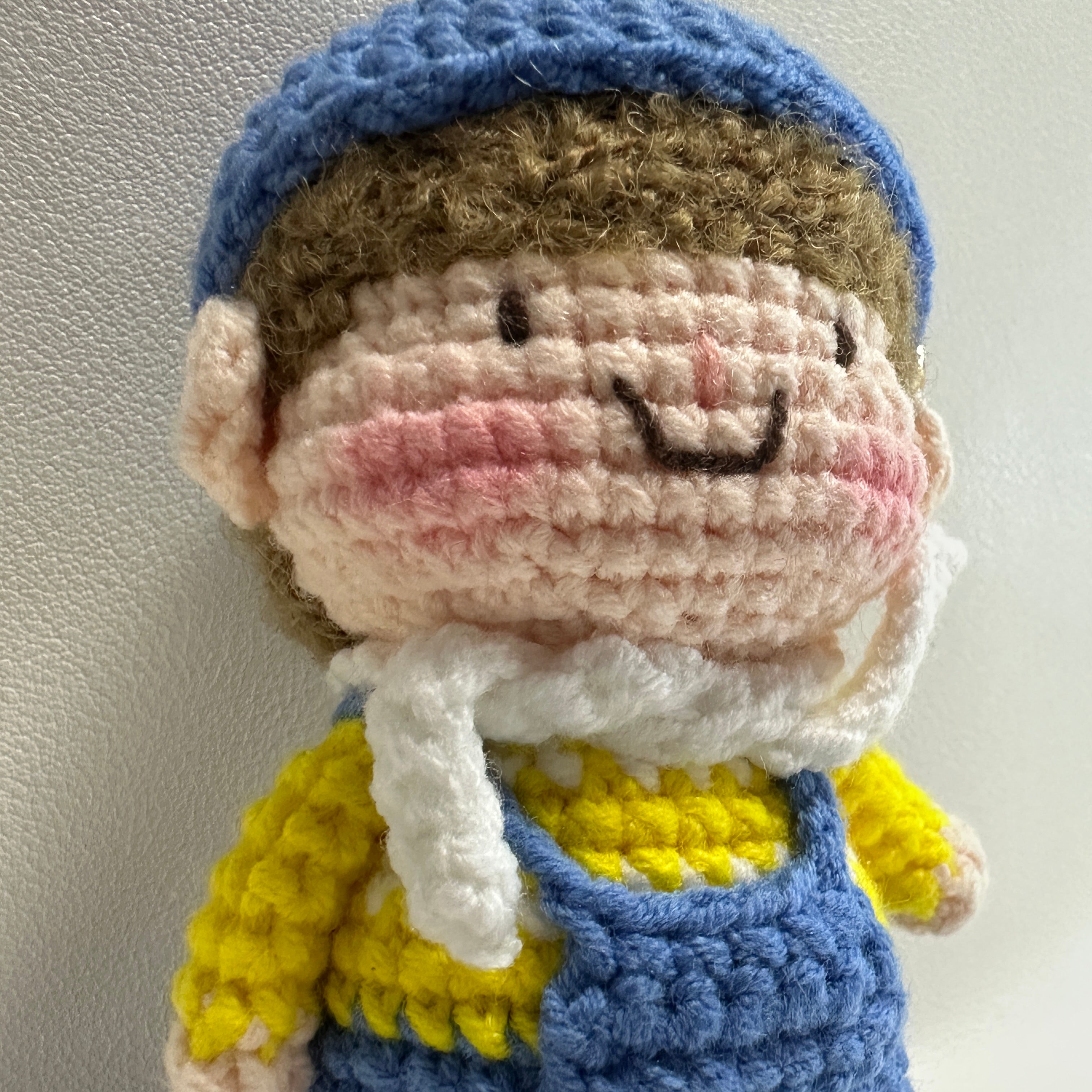 Handmade Crochet Boy Keychain – Blue Cap, Yellow Sweater & Denim Overalls | 10cm Amigurumi Charm