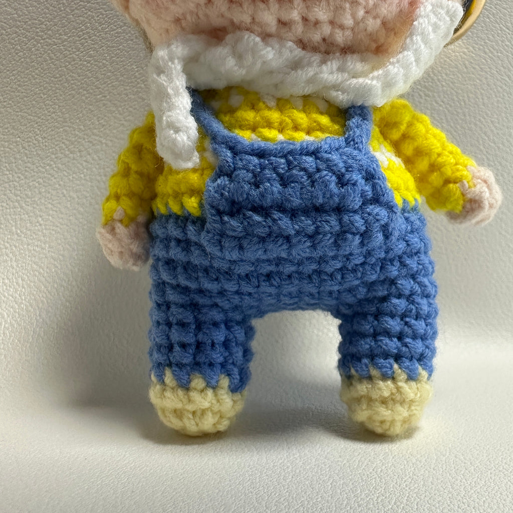 Handmade Crochet Boy Keychain – Blue Cap, Yellow Sweater & Denim Overalls | 10cm Amigurumi Charm