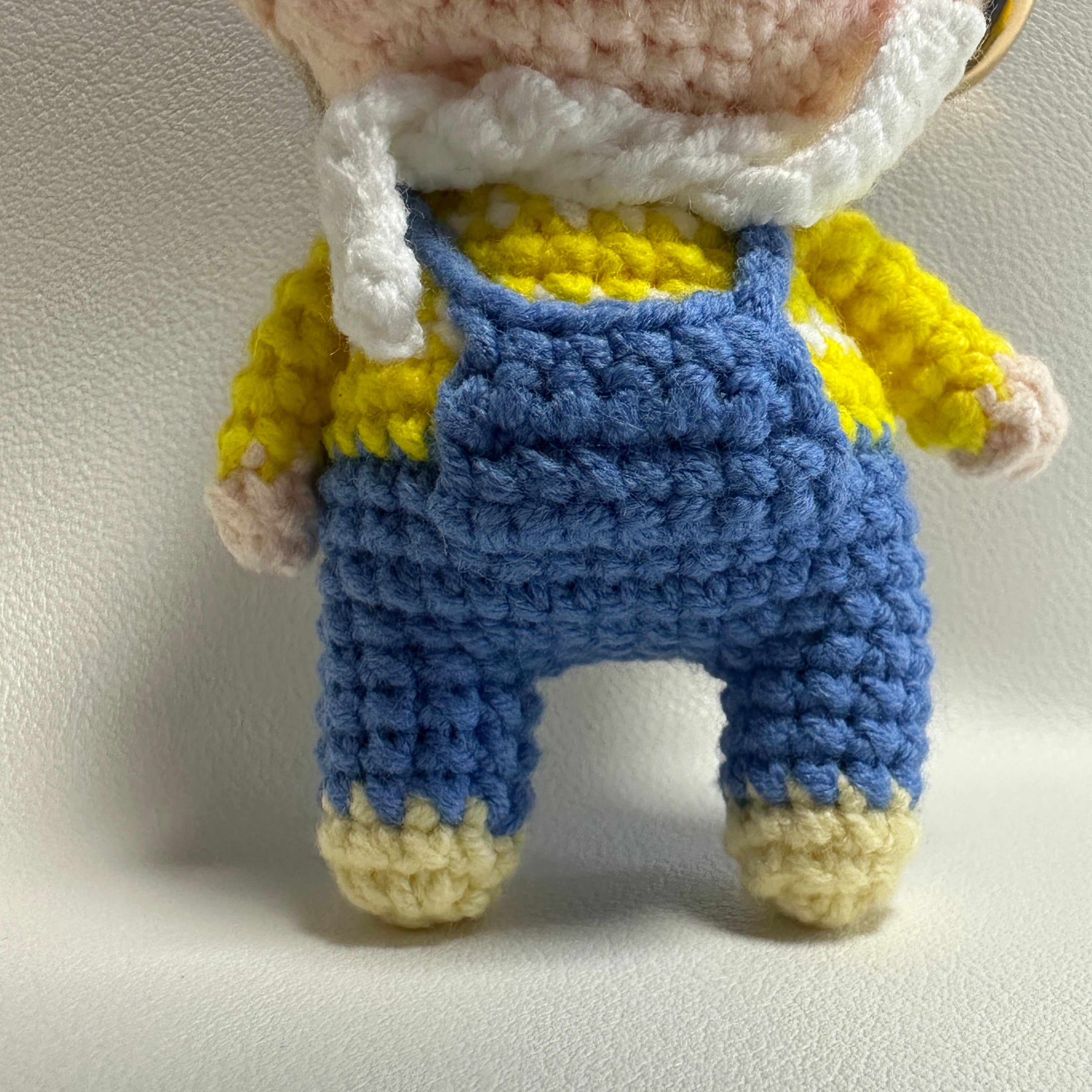 Handmade Crochet Boy Keychain – Blue Cap, Yellow Sweater & Denim Overalls | 10cm Amigurumi Charm