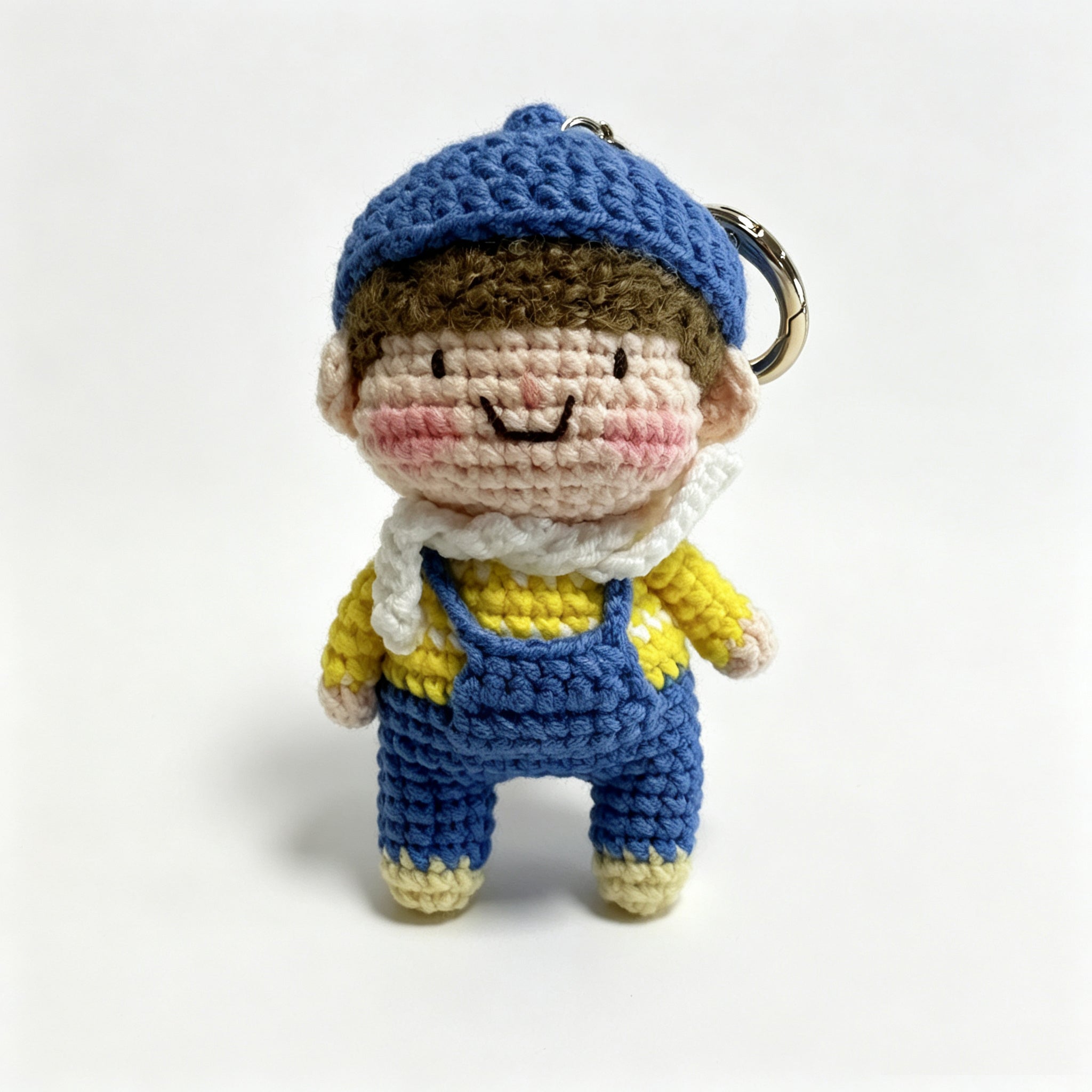 Handmade Crochet Boy Keychain – Blue Cap, Yellow Sweater & Denim Overalls | 10cm Amigurumi Charm