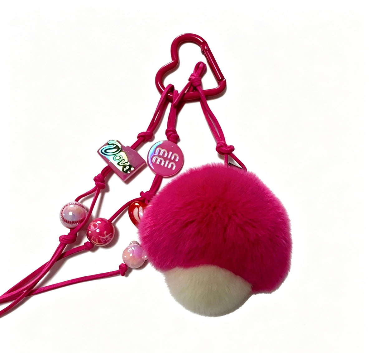 Fluffy Pink Mushroom — Velvet Rex Rabbit Fur Beaded Charm 🍄💖
