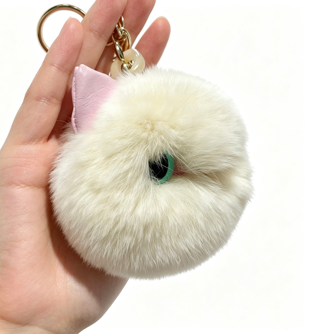 Fluffy Odd-Eyed White Cat — Genuine Rex Rabbit Fur Charm 🐱🤍