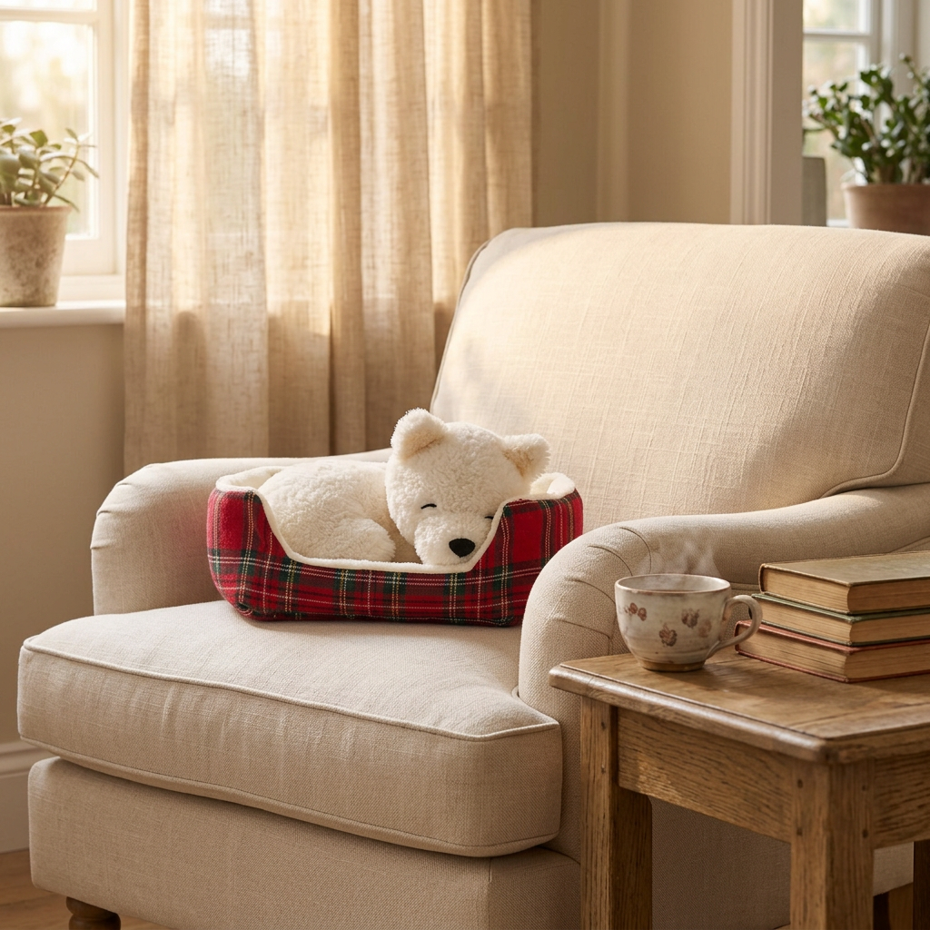 Sleeping Puppy in Tartan Bed Plush — Cozy White Dog Toy 🐶❤️