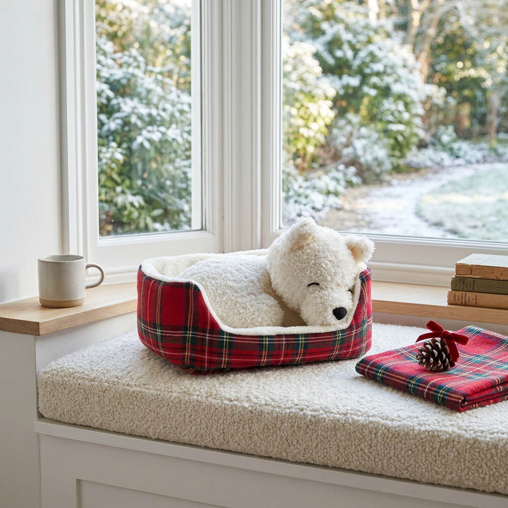 Sleeping Puppy in Tartan Bed Plush — Cozy White Dog Toy 🐶❤️