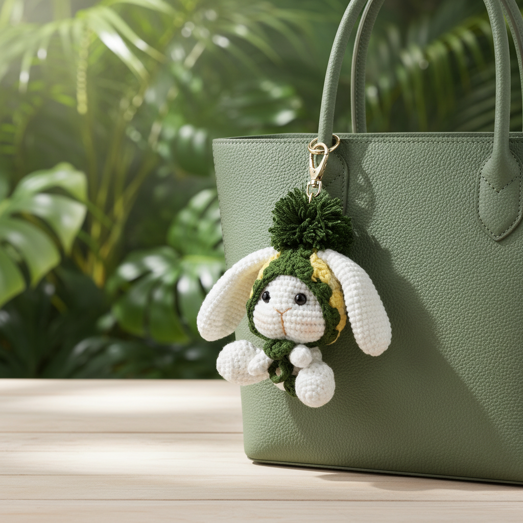 Handmade Crochet Bunny Keychain – Pineapple Hat & Long Ears | 10cm Amigurumi Charm