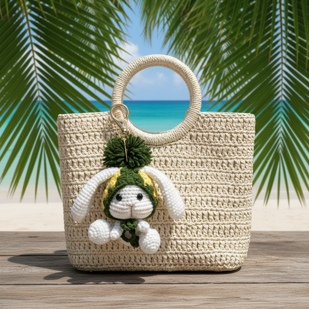 Handmade Crochet Bunny Keychain – Pineapple Hat & Long Ears | 10cm Amigurumi Charm