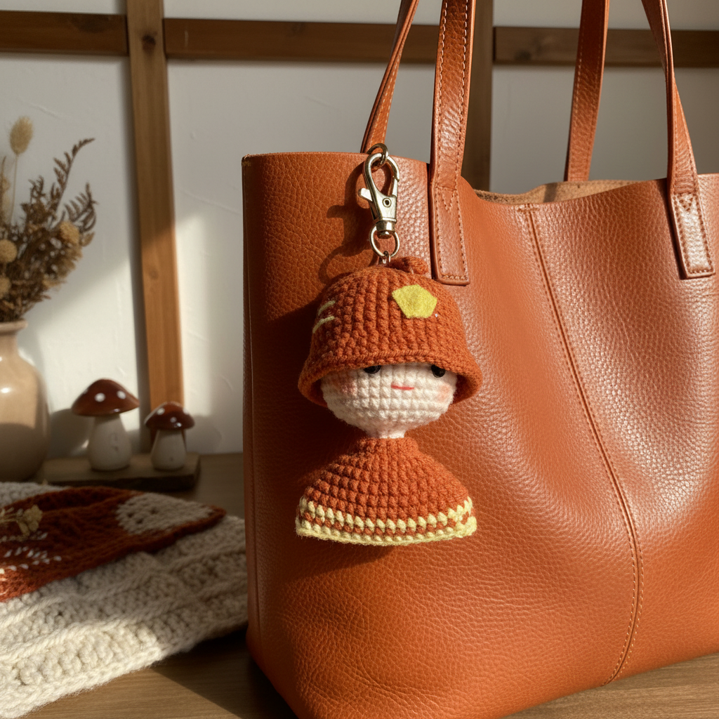 Handmade Crochet Mushroom Girl Keychain – Rust Orange & Cream | 7cm Amigurumi Charm
