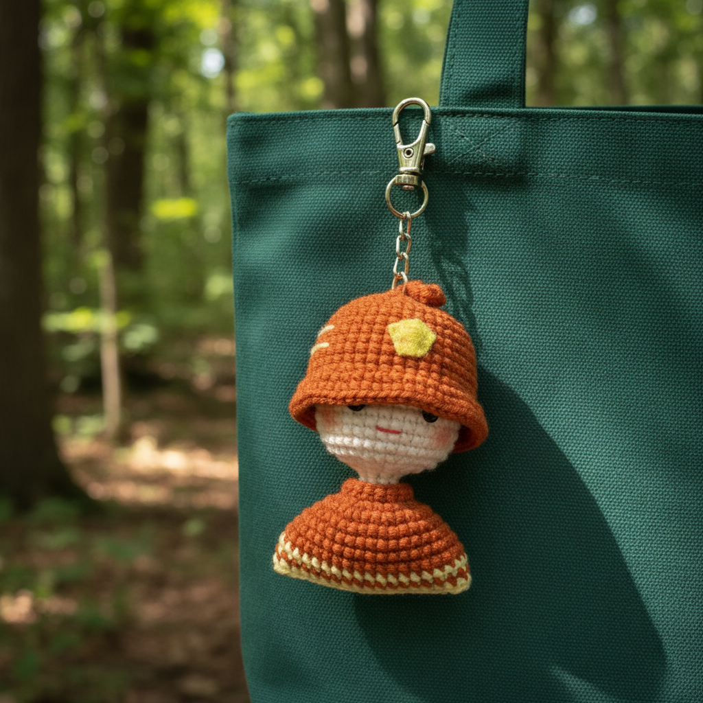 Handmade Crochet Mushroom Girl Keychain – Rust Orange & Cream | 7cm Amigurumi Charm