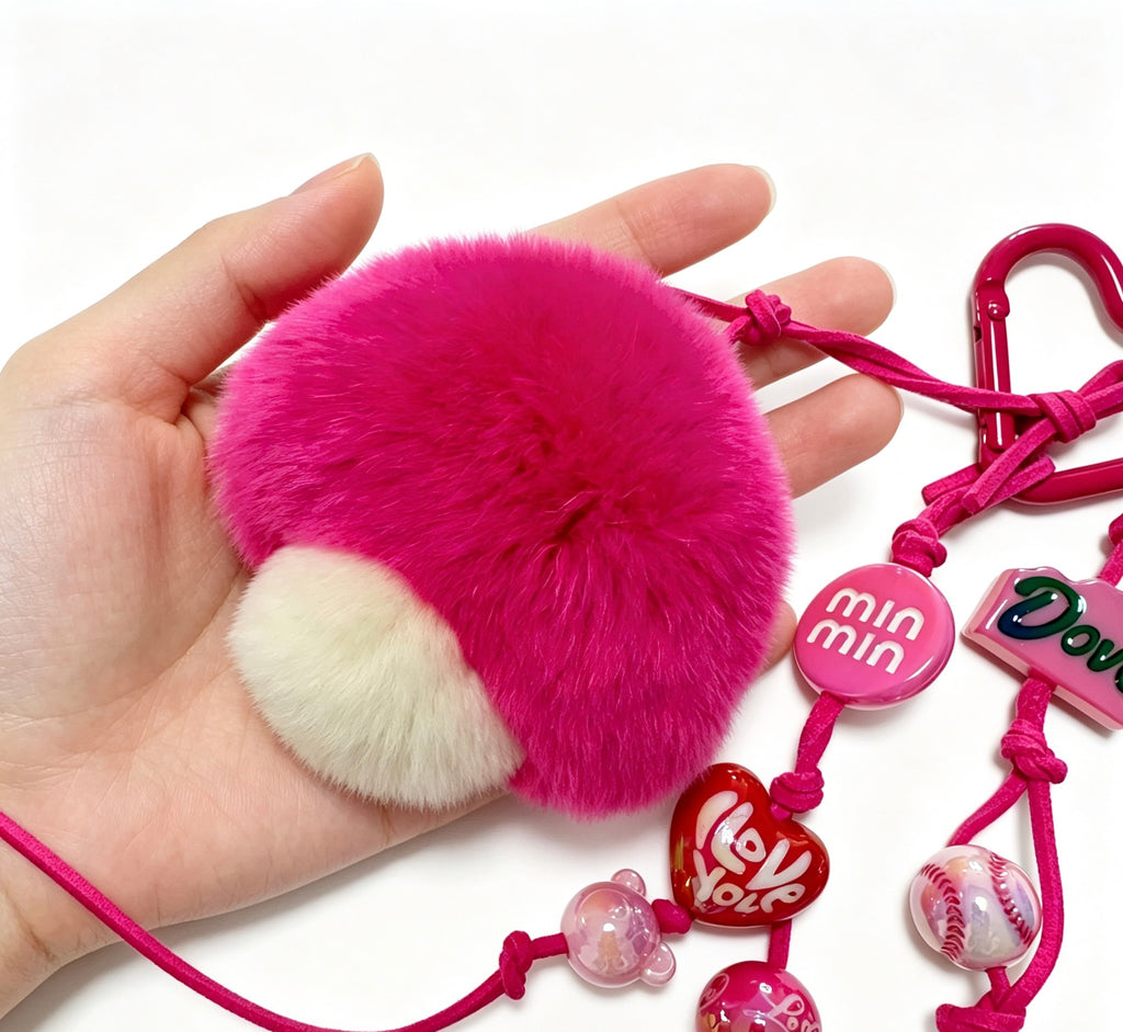 Fluffy Pink Mushroom — Velvet Rex Rabbit Fur Beaded Charm 🍄💖