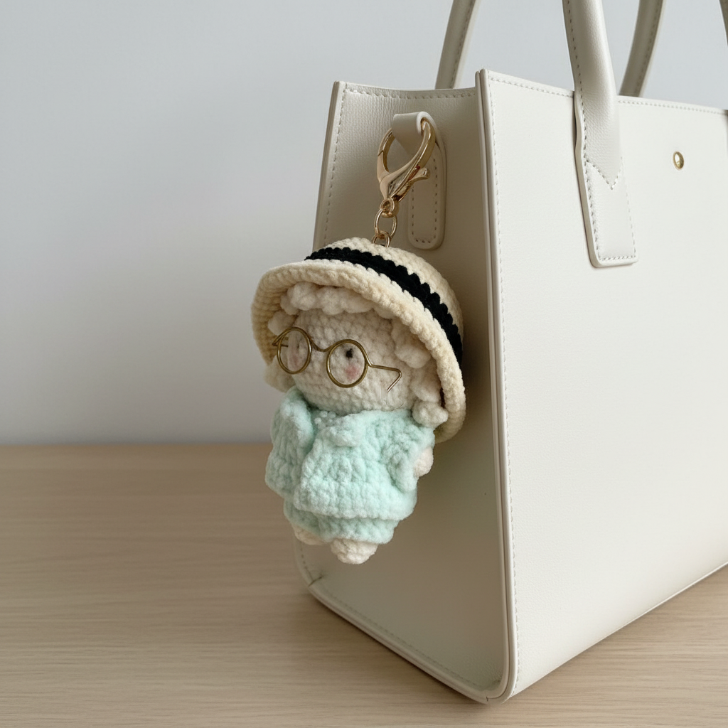 Handmade Crochet Lamb Keychain – Gold Glasses & Mint Coat | 8cm Amigurumi Charm