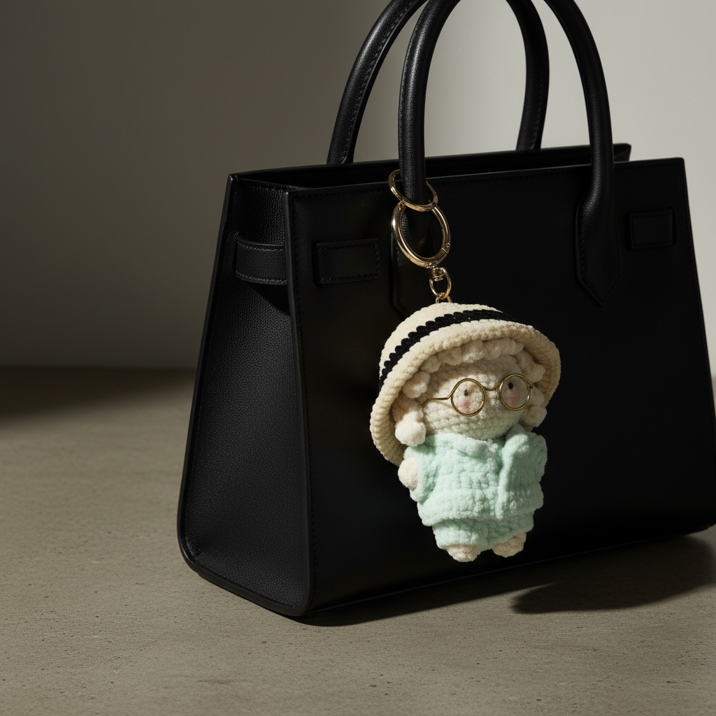 Handmade Crochet Lamb Keychain – Gold Glasses & Mint Coat | 8cm Amigurumi Charm