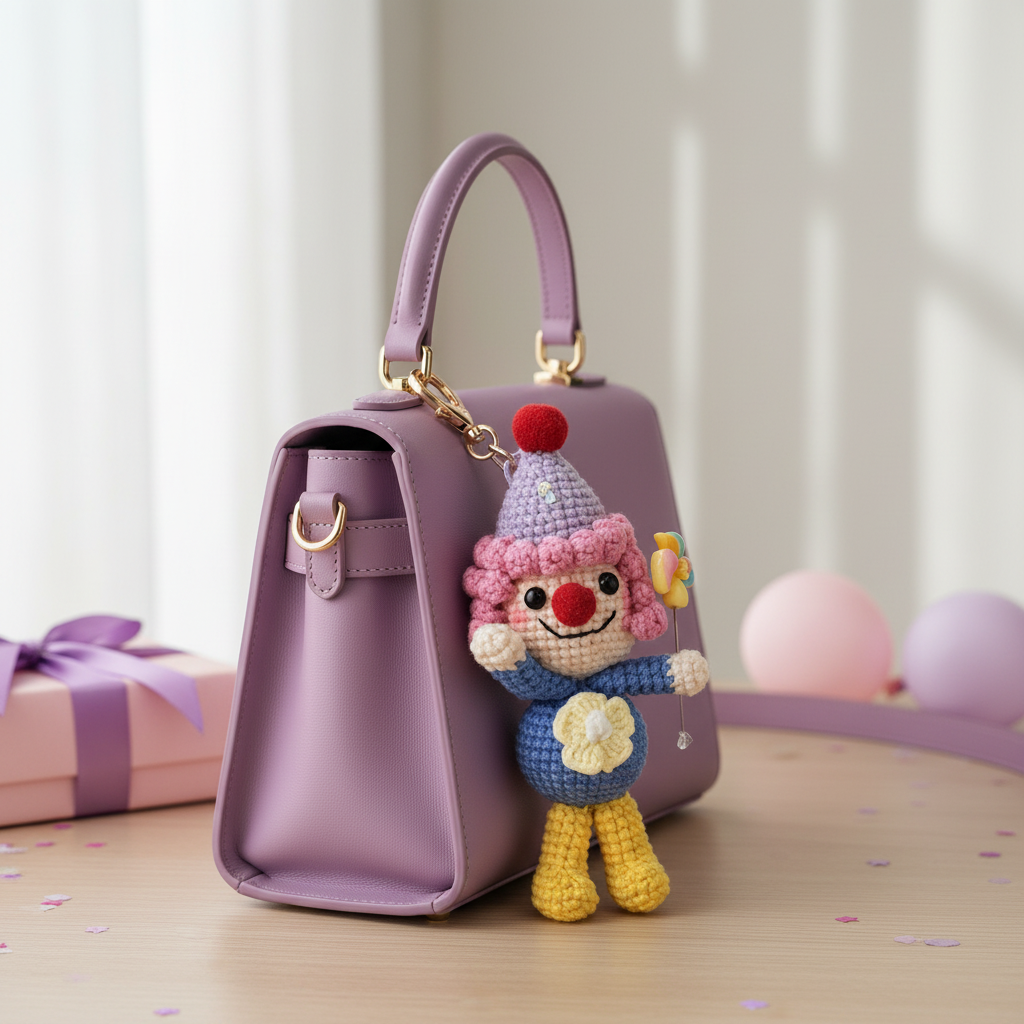 Handmade Crochet Clown Keychain – Pink Curls, Party Hat & Lollipop | 13cm Amigurumi Charm