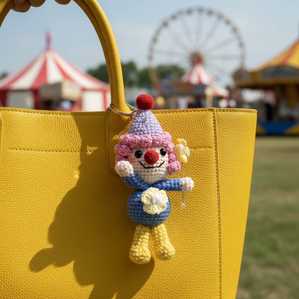 Handmade Crochet Clown Keychain – Pink Curls, Party Hat & Lollipop | 13cm Amigurumi Charm