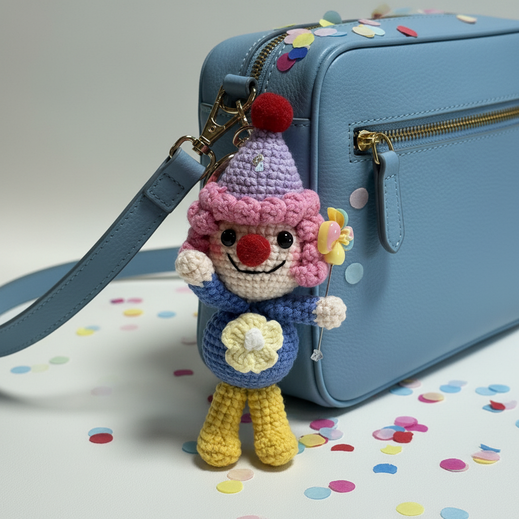 Handmade Crochet Clown Keychain – Pink Curls, Party Hat & Lollipop | 13cm Amigurumi Charm