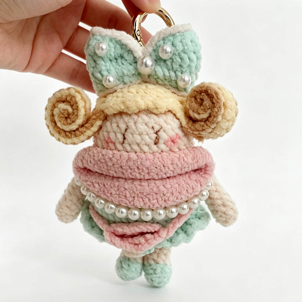 Handmade Crochet Pearl Bow Girl Doll Keychain | 12cm Plush Toy