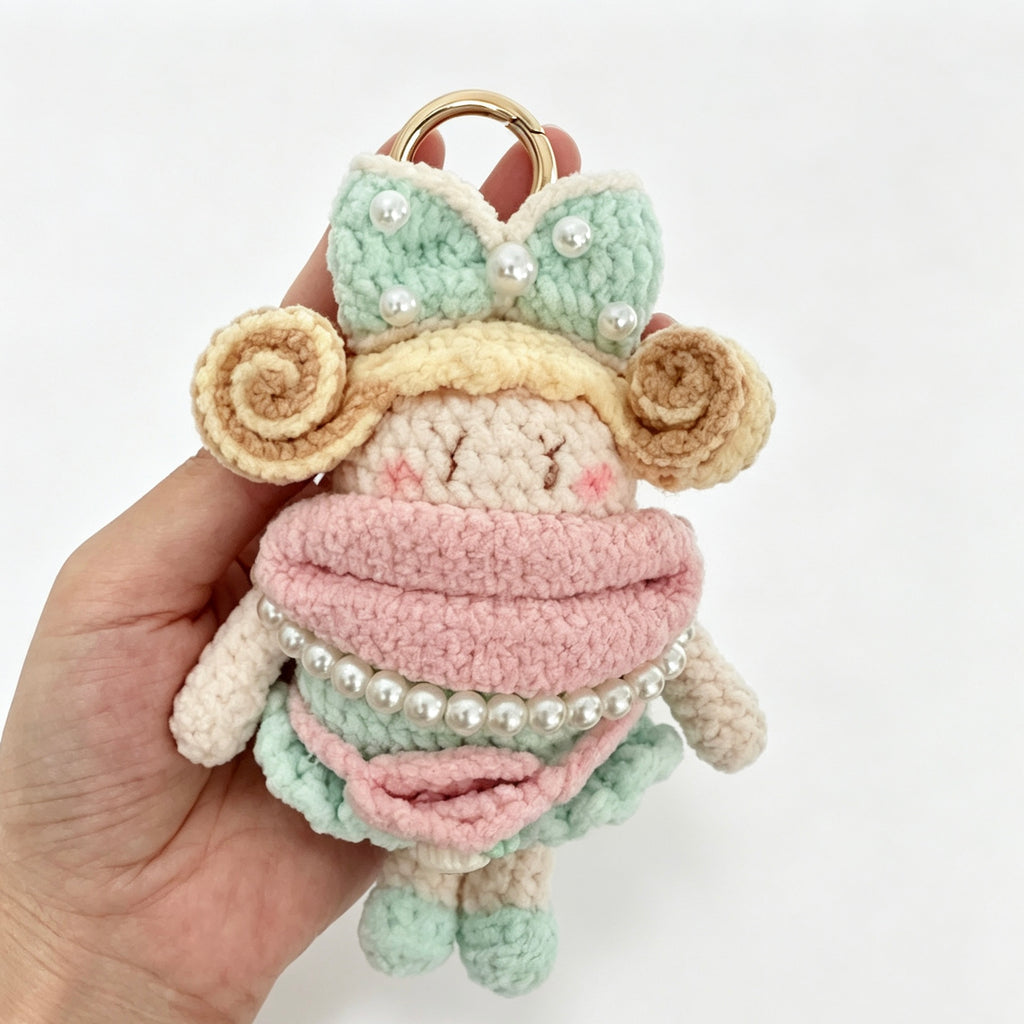 Handmade Crochet Pearl Bow Girl Doll Keychain | 12cm Plush Toy