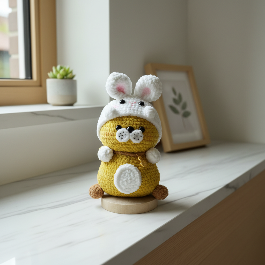 Handmade Crochet Hamster Plush – Bunny Hoodie & Gold Charm | 12cm Amigurumi