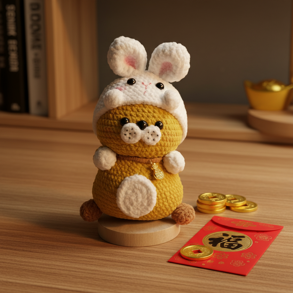 Handmade Crochet Hamster Plush – Bunny Hoodie & Gold Charm | 12cm Amigurumi