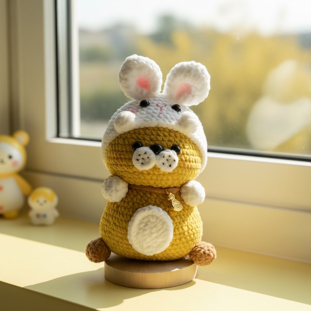 Handmade Crochet Hamster Plush – Bunny Hoodie & Gold Charm | 12cm Amigurumi