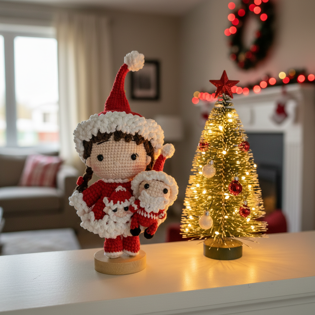 Handmade Crochet Christmas Girl Doll – Santa Outfit with Mini Doll | 20cm Amigurumi