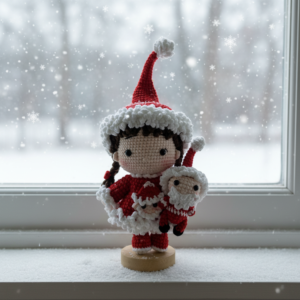 Handmade Crochet Christmas Girl Doll – Santa Outfit with Mini Doll | 20cm Amigurumi