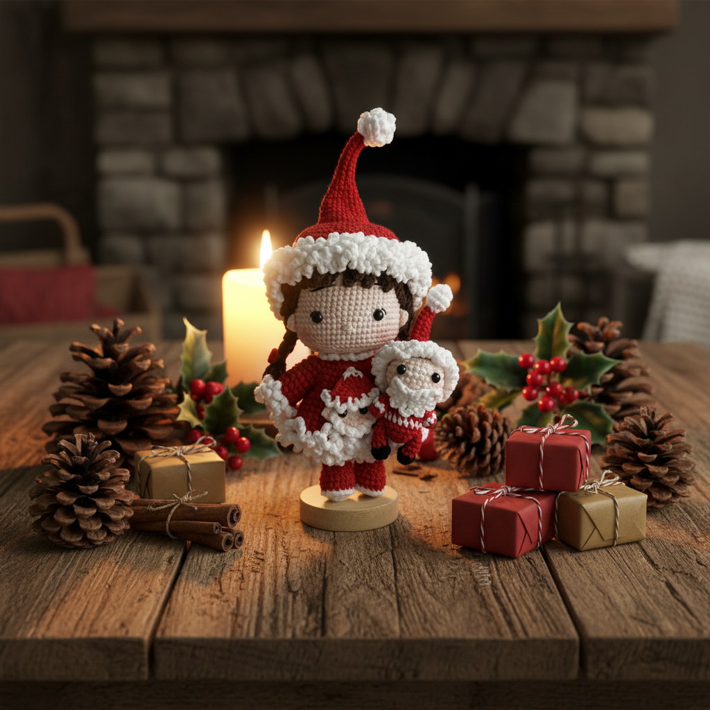 Handmade Crochet Christmas Girl Doll – Santa Outfit with Mini Doll | 20cm Amigurumi