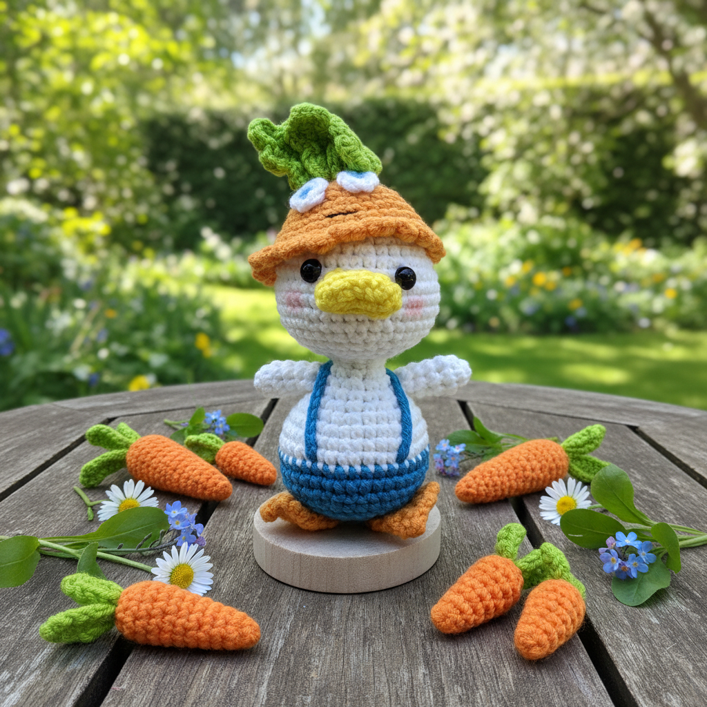 Handmade Crochet Duck Plush – Carrot Hat & Blue Overalls | 12cm×5cm Amigurumi