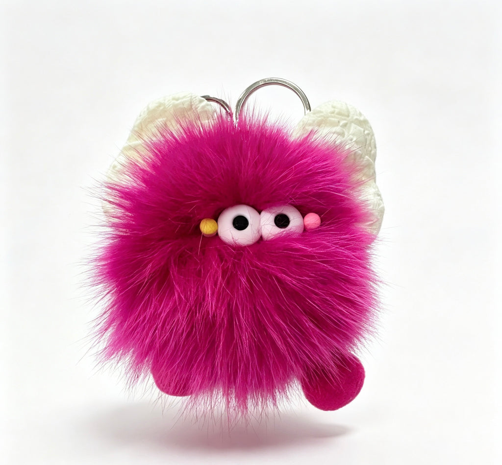 White Bow Fuzzy Monster — Faux Fox Fur Berry Bag Charm 🎀💖