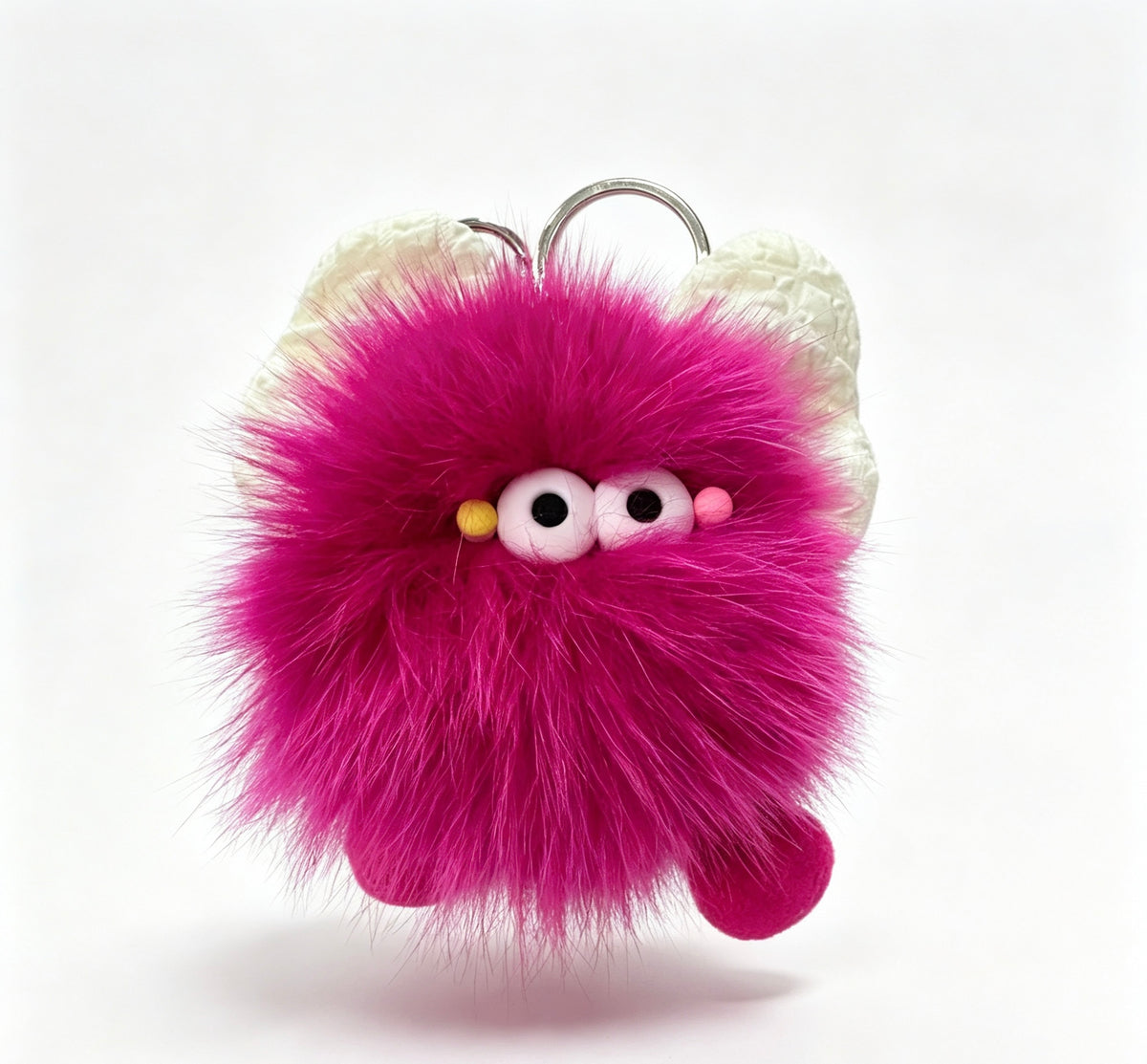 White Bow Fuzzy Monster — Faux Fox Fur Berry Bag Charm 🎀💖