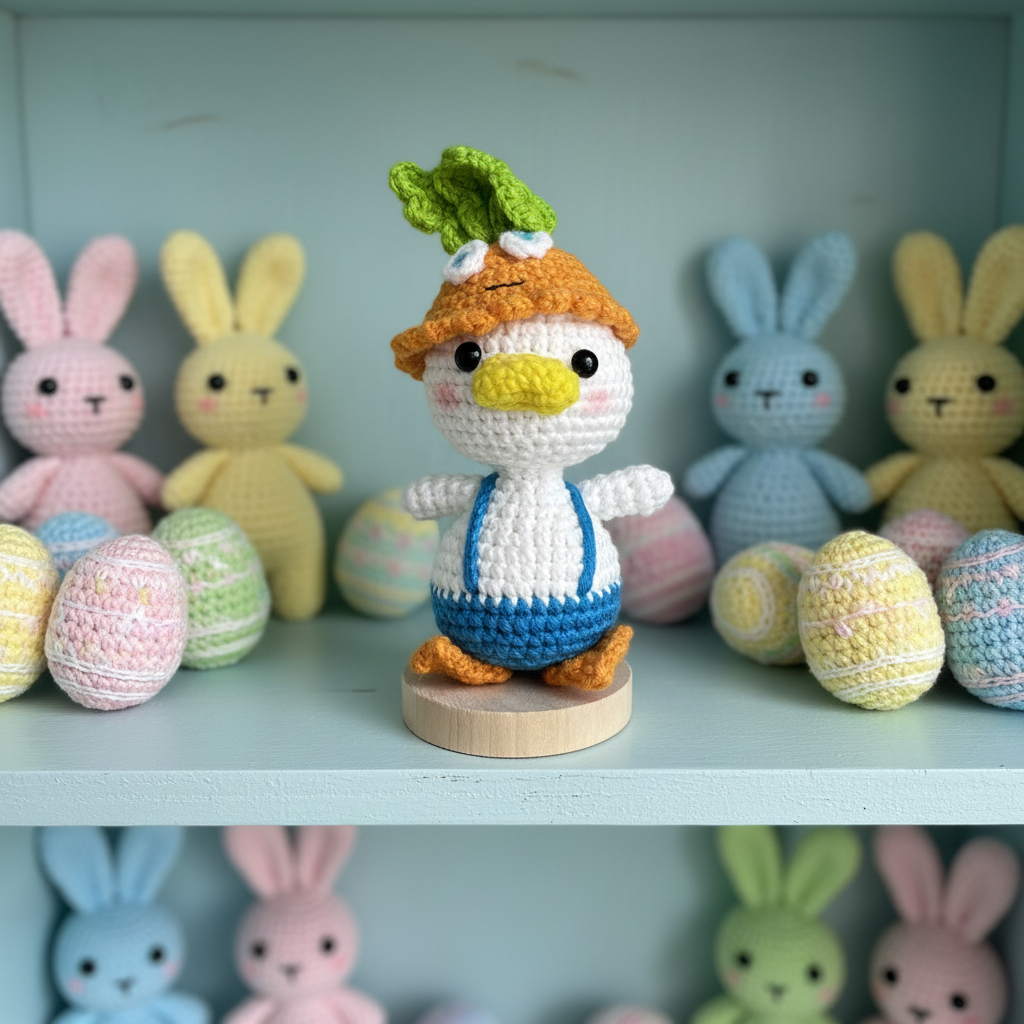 Handmade Crochet Duck Plush – Carrot Hat & Blue Overalls | 12cm×5cm Amigurumi