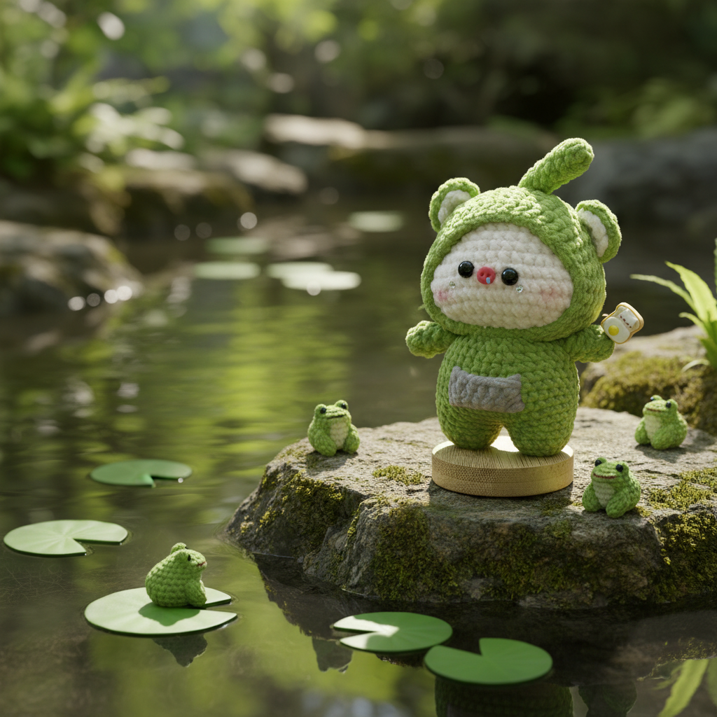 Handmade Crochet Bear Plush – Green Frog Hoodie Doll | 12cm Amigurumi