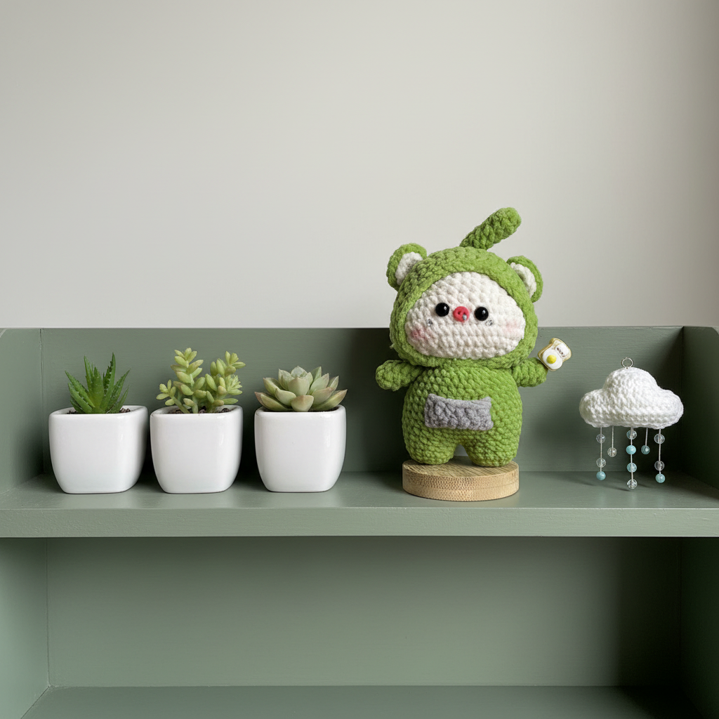 Handmade Crochet Bear Plush – Green Frog Hoodie Doll | 12cm Amigurumi