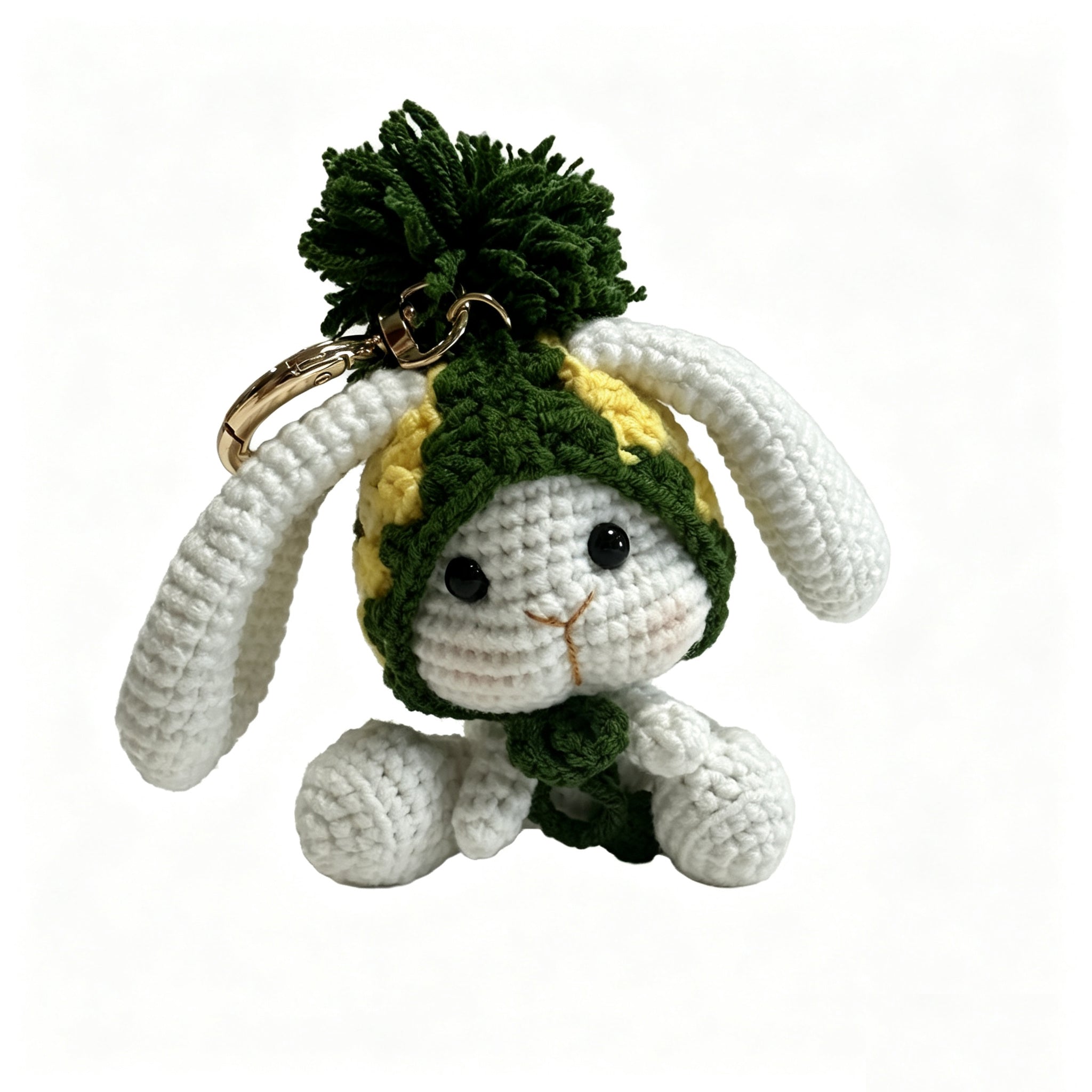 Handmade Crochet Bunny Keychain – Pineapple Hat & Long Ears | 10cm Amigurumi Charm