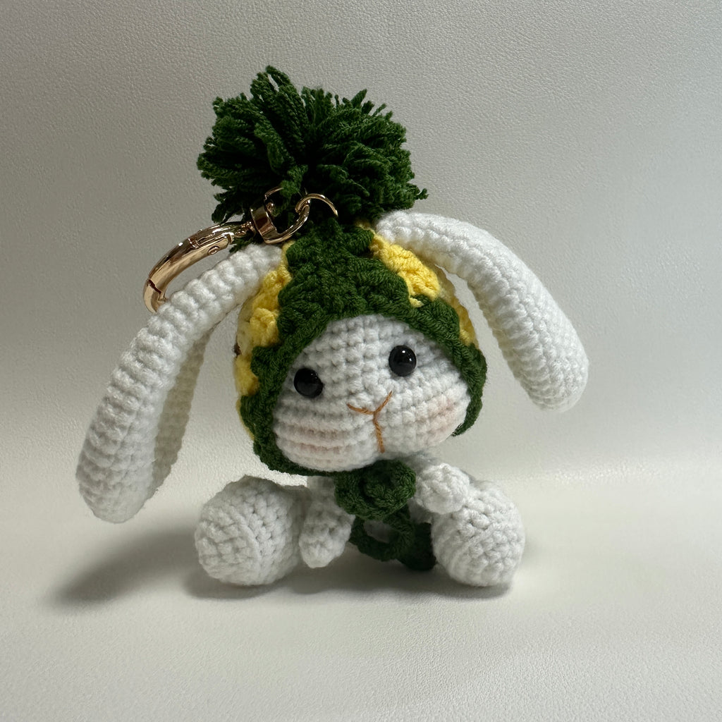 Handmade Crochet Bunny Keychain – Pineapple Hat & Long Ears | 10cm Amigurumi Charm