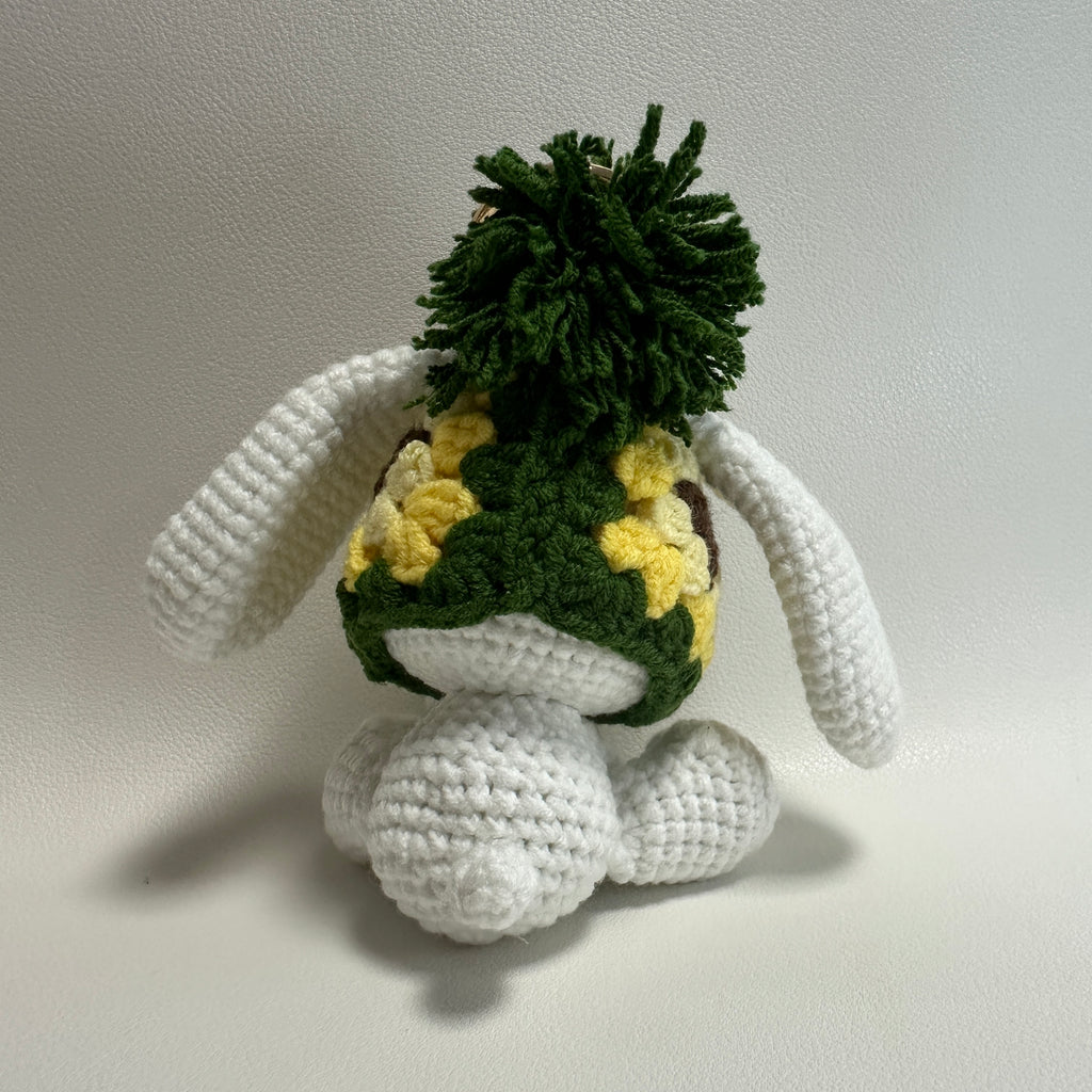 Handmade Crochet Bunny Keychain – Pineapple Hat & Long Ears | 10cm Amigurumi Charm