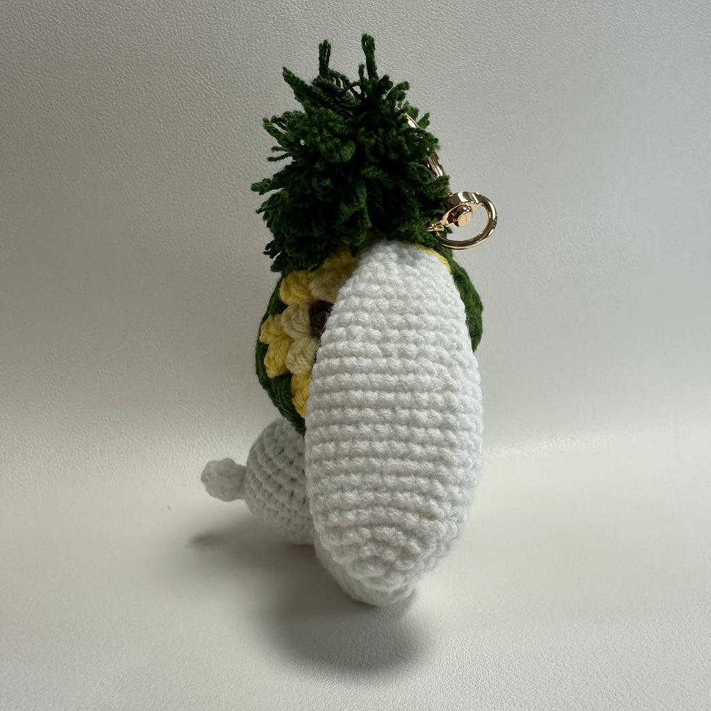 Handmade Crochet Bunny Keychain – Pineapple Hat & Long Ears | 10cm Amigurumi Charm