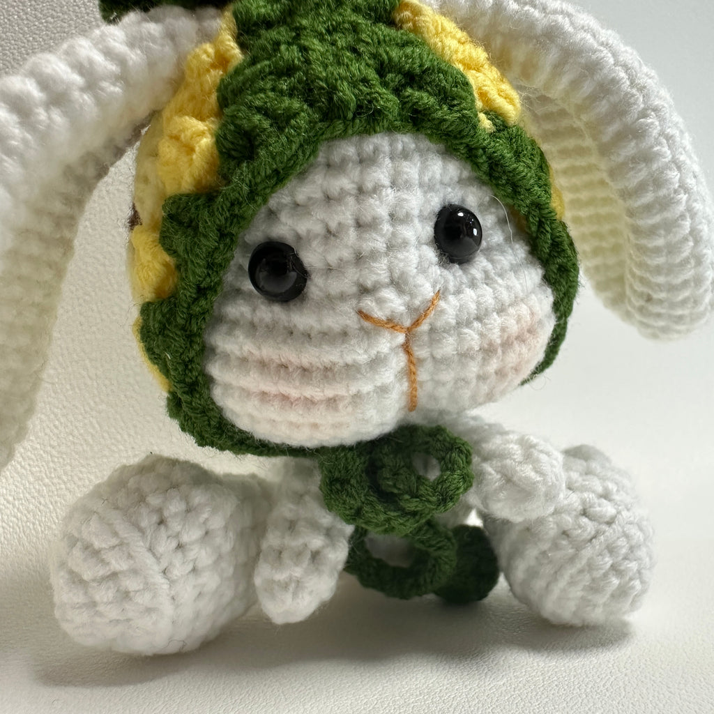 Handmade Crochet Bunny Keychain – Pineapple Hat & Long Ears | 10cm Amigurumi Charm