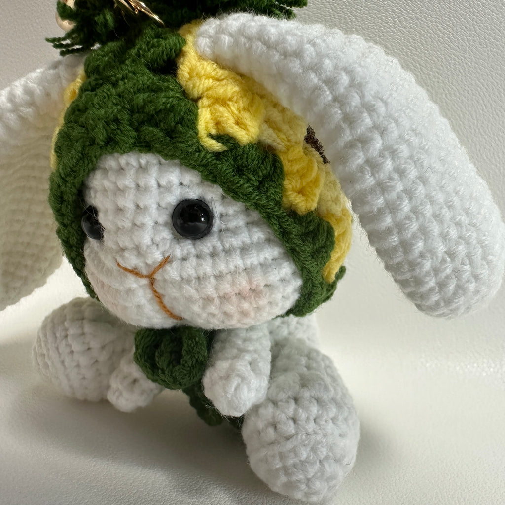 Handmade Crochet Bunny Keychain – Pineapple Hat & Long Ears | 10cm Amigurumi Charm