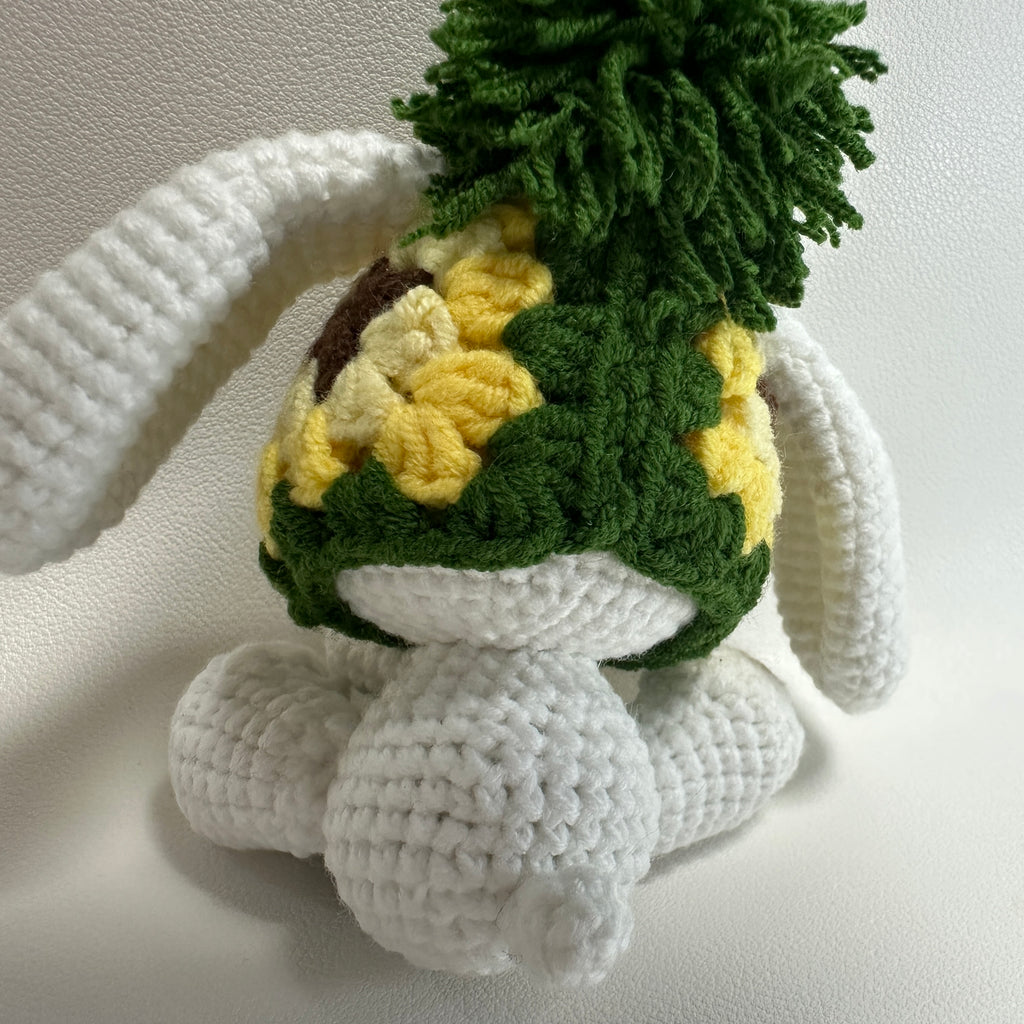 Handmade Crochet Bunny Keychain – Pineapple Hat & Long Ears | 10cm Amigurumi Charm