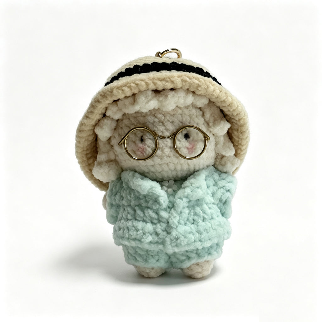 Handmade Crochet Lamb Keychain – Gold Glasses & Mint Coat | 8cm Amigurumi Charm